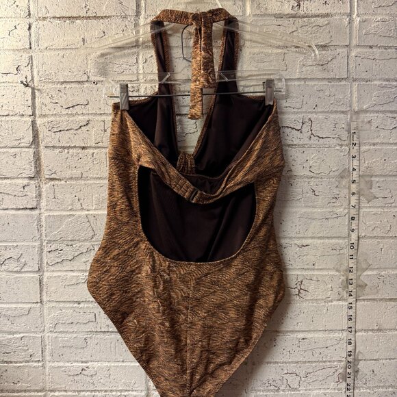 Anne Cole Halter One-Piece Swimsuit 16 | Bronze Metallic Ruched Retro Glam Suit - Picture 5 of 11